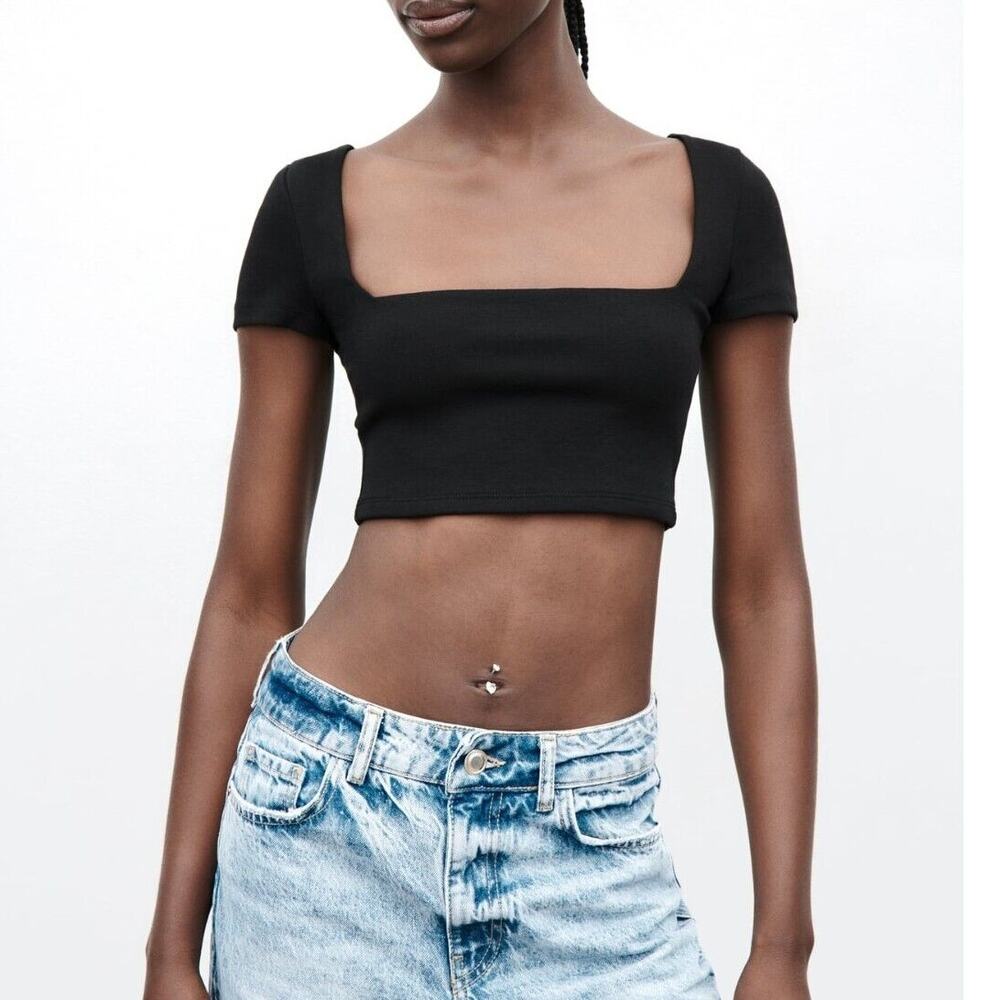 ZARA y2k Buttery Soft Crop Top Short Sleeve Stretch Squared Neckline Small Plum